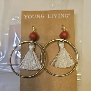 Young Living Gold Hoop Earrings with White Tassels